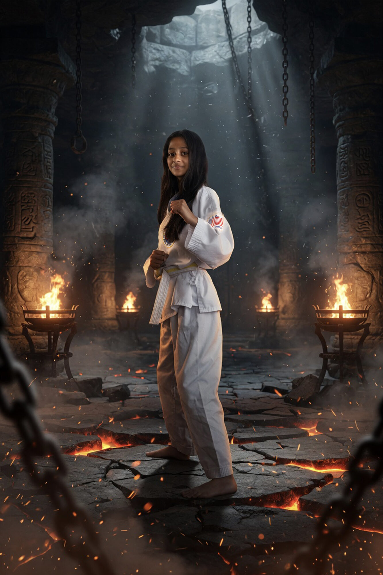 Martial arts student in a dramatic pose in an underground chamber lit by fire