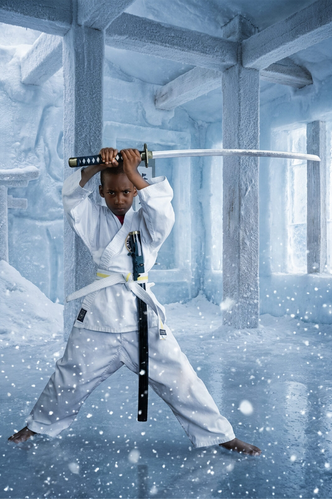 Student holding a sword in a cinematic composite winter scene