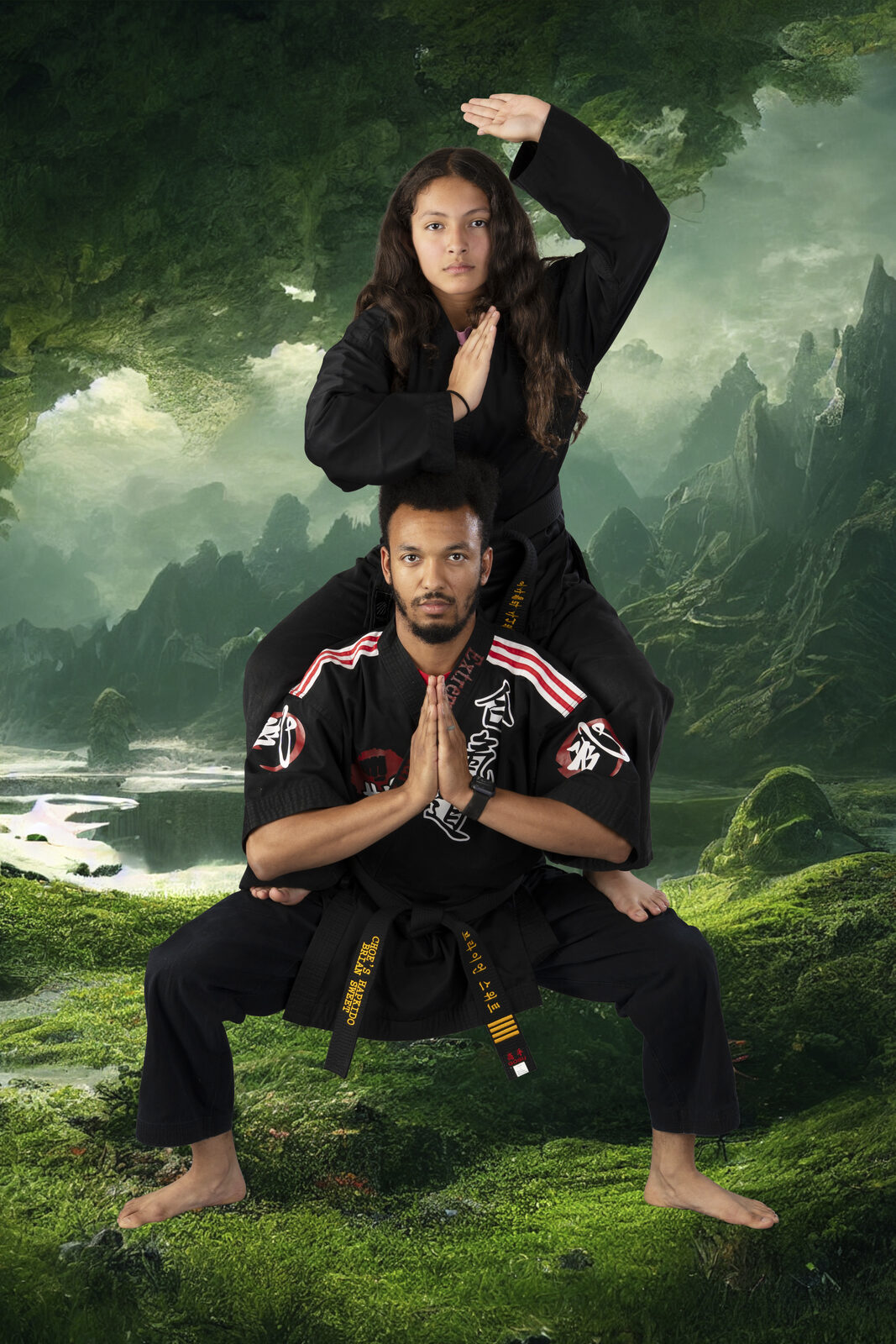 Two students in a dynamic fighting stance composite portrait