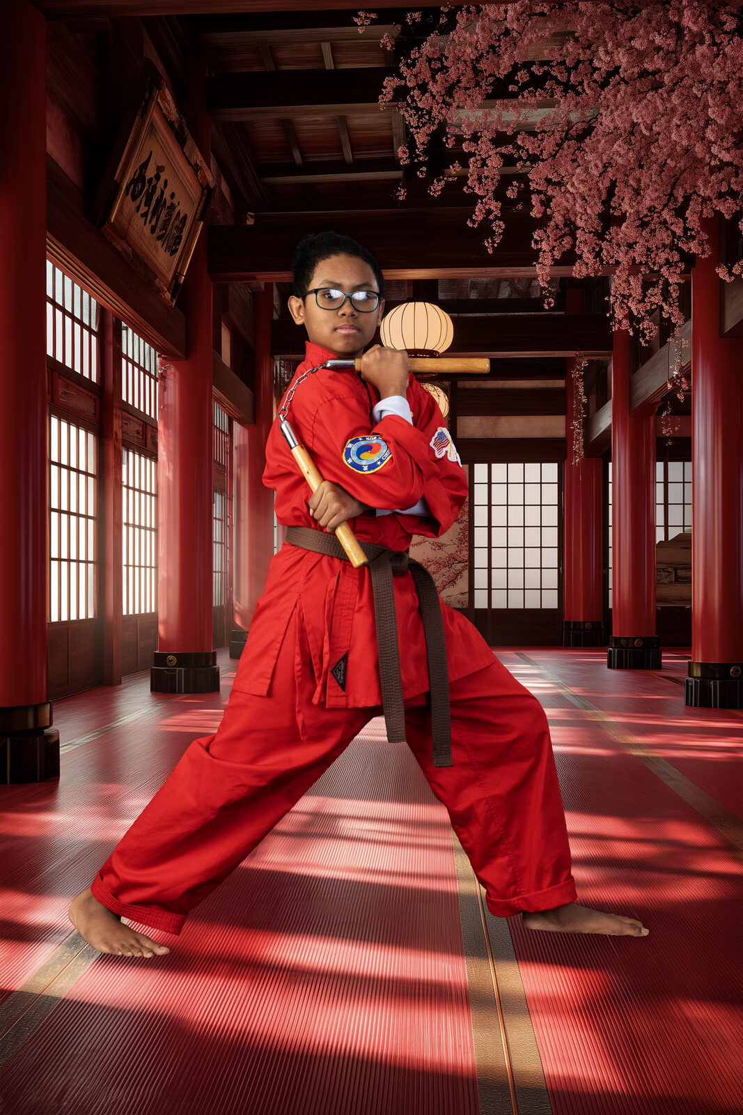 Student posing with nunchaku in a weapon portrait