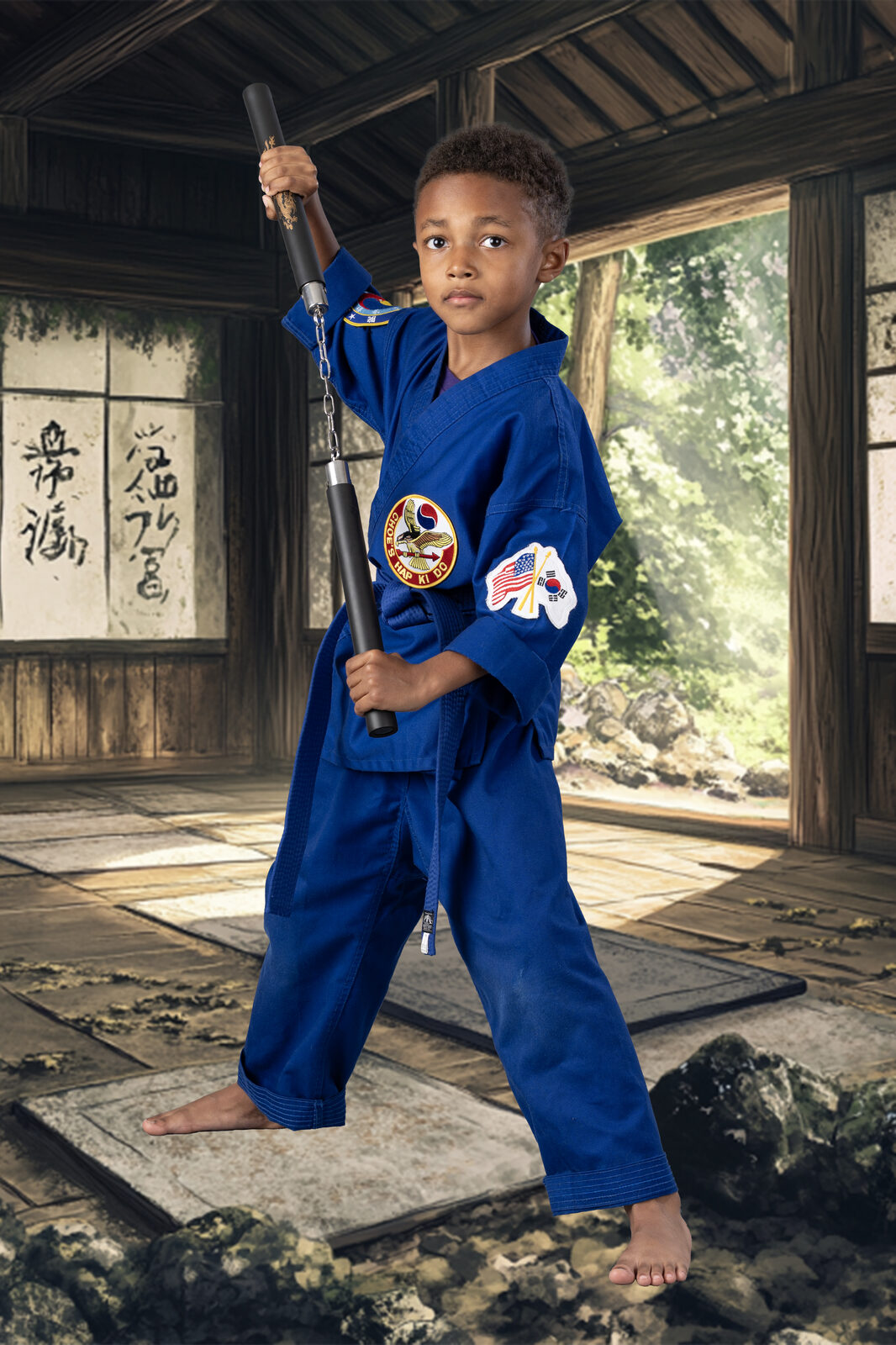 Younger student posing with an escrima stick