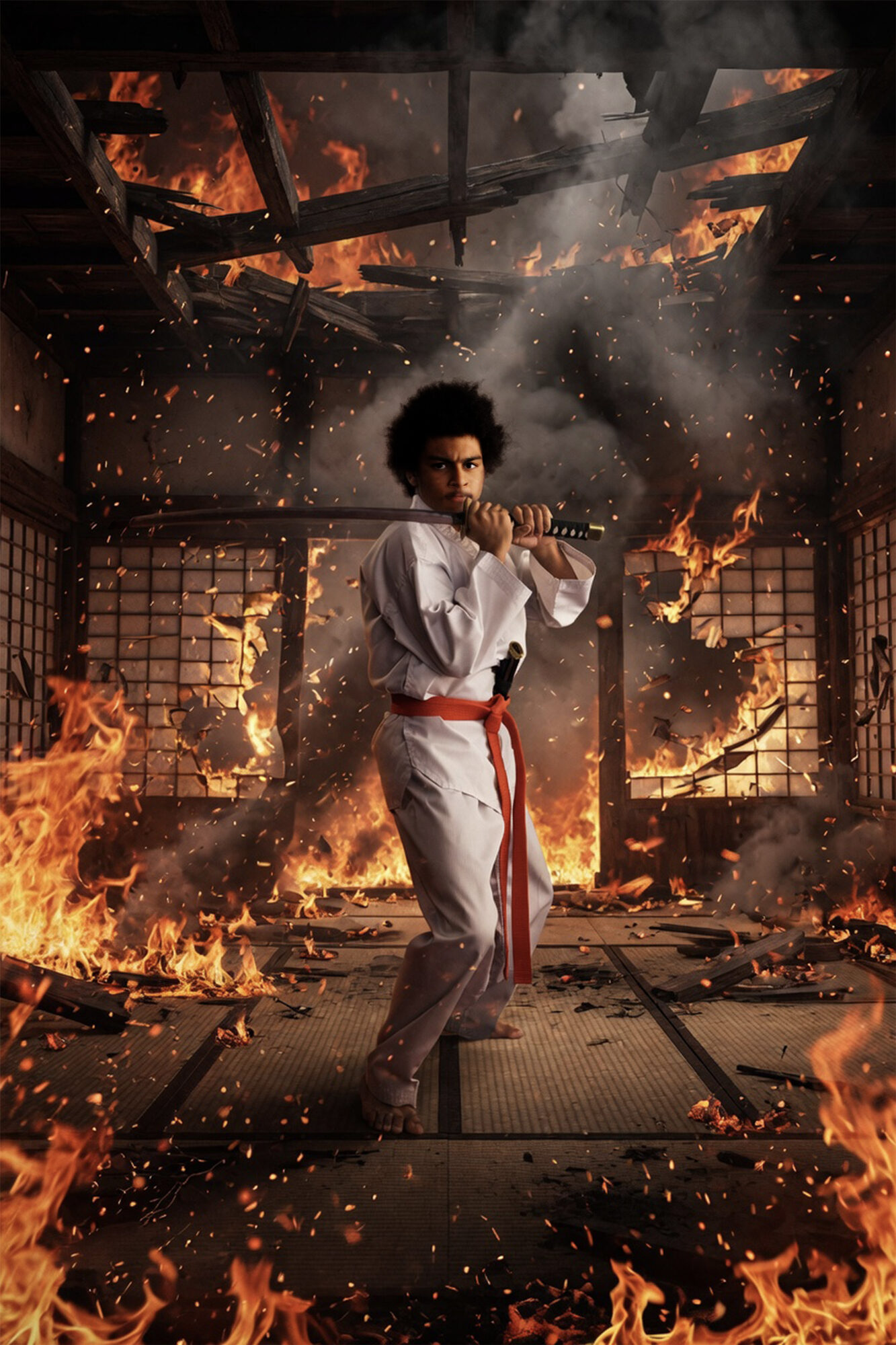 Martial arts student in a dramatic fighting pose, silhouetted against fire