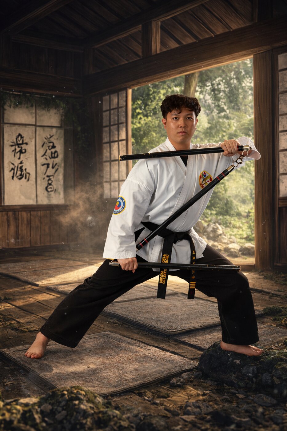 Martial arts instructor posing with nunchaku in a dojo